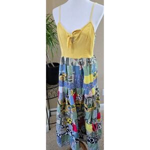 Boho Patchwork Maxi Dress Yellow Smocked Tie Front Cottagecore Farm Festival‎